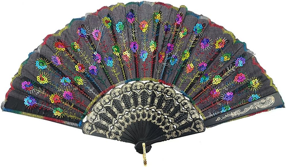 INNOLIFE Elegant Colorful Embroidered Flower Peacock Pattern Hand Fan - Hand-Crafted Folding Fabric, Full Set of 6pcs