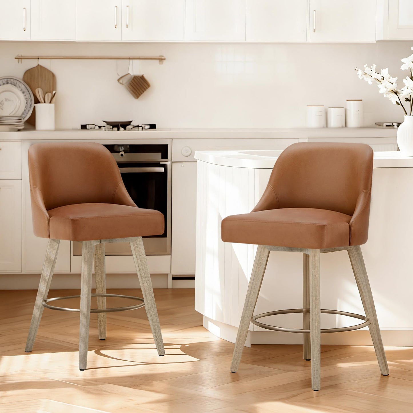 Counter Height Bar Stools Set of 2, Modern Swivel Barstools with Back and Wood Legs, Faux Leather Upholstered Bar Chairs, 26" Seat Height Counter Stools for Kitchen Island,Brown