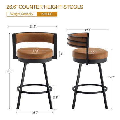 ONEVOG Swivel Counter Bar Stools Set of 2, 26.6 inch Seat Height Modern Barstools with Back and Metal Legs, Upholstered Funky Kitchen Island Chairs for 36"-40" Counters, Faux Leather Padded, Brown