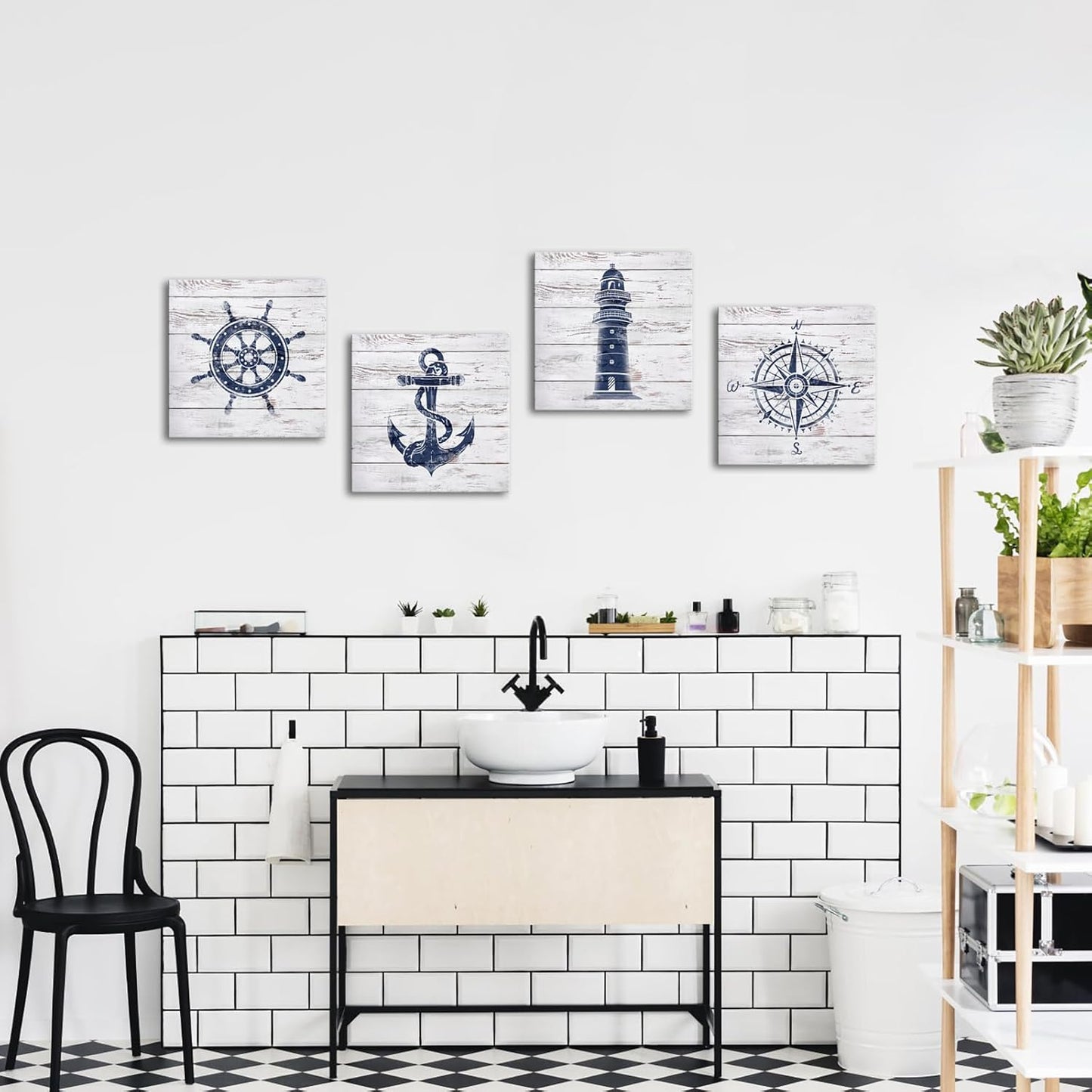 LoveHouse Nautical Canvas Wall Art Nautical Bathroom Decor Navy and White Lighthouse Decor Boat Anchor Compass Painting
