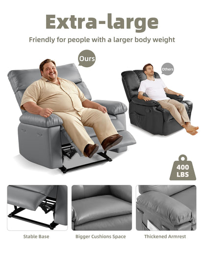 GarveeHome Oversized Recliner Chair, 27" Extra Wide Manual Recliner with Heat and Massage, 400lbs Heavy Duty PU Leather Single Sofa, Large Lazy Chair for Big and Tall Adults, Living Room & Bedroom