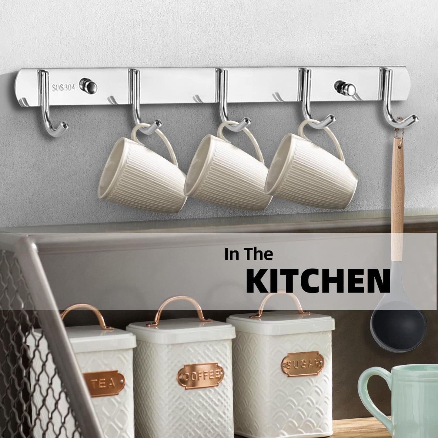TooCust Wall Hooks for Hanging, Silver Coat Rack Wall Mount with 5 Coat Hooks 14.5", 304 Stainless Steel,Towel Hanger, Hat Hooks, Robes Hook in Bathroom, Bedroom, Kitchen, Living Room (2 Pack)