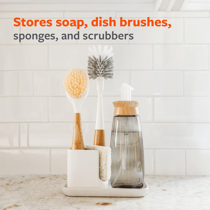 Full Circle Stash, Ceramic Kitchen Sink Caddy, Stylish Sponge Holder & Dish Brush Organizer, Easy to Clean, Dishwasher Safe, Rustproof, White and Gray, 11"