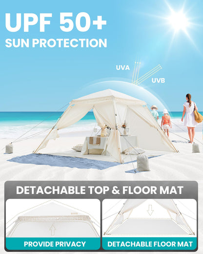 OutdoorMaster Pop Up Beach Tent with Fringe for 4 Person, Easy Setup and Portable Beach Shade Sun Shelter Canopy with UPF 50+ UV Protection, 11MM Thick Pole