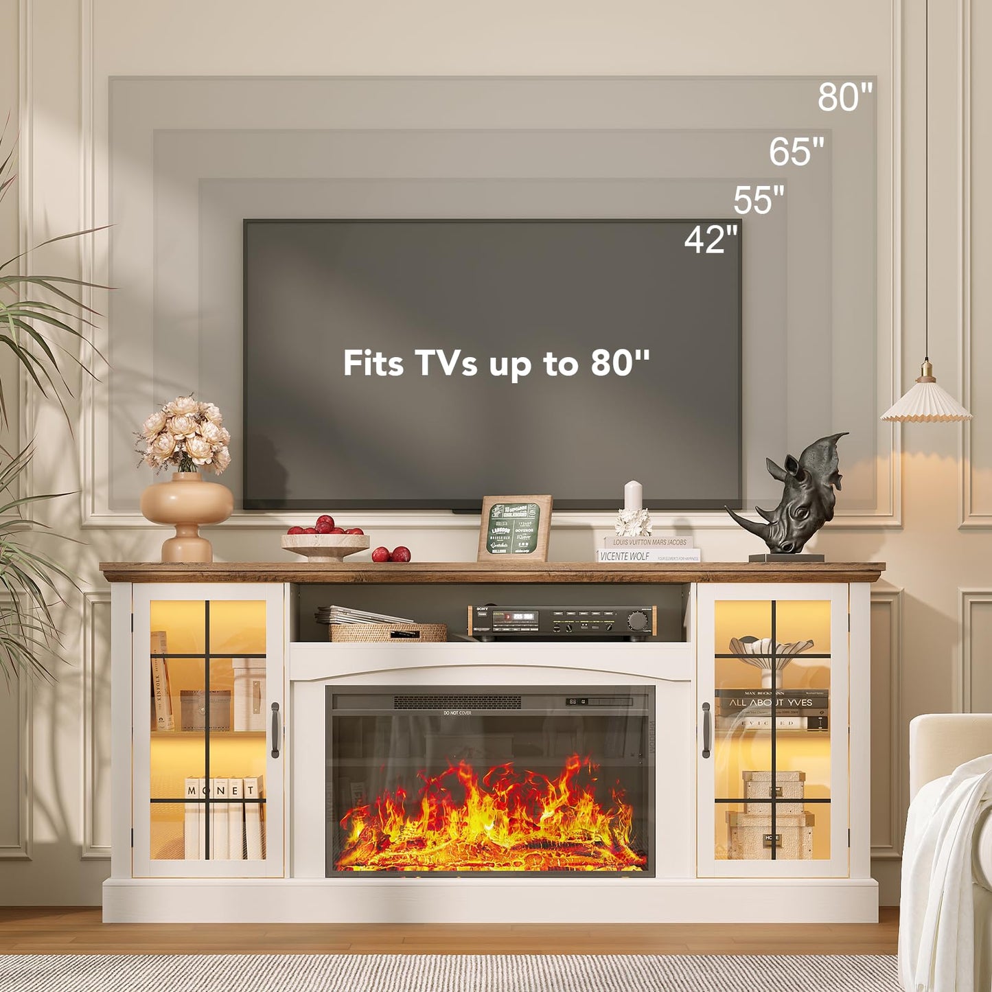 OneBlis 2-in-1 Multifunctional Fireplace TV Stand with 30" Removable Electric Fireplace, 70" Farmhouse Entertainment Center, Media Console Table with Large Storage Cabinets, for Living Room, White