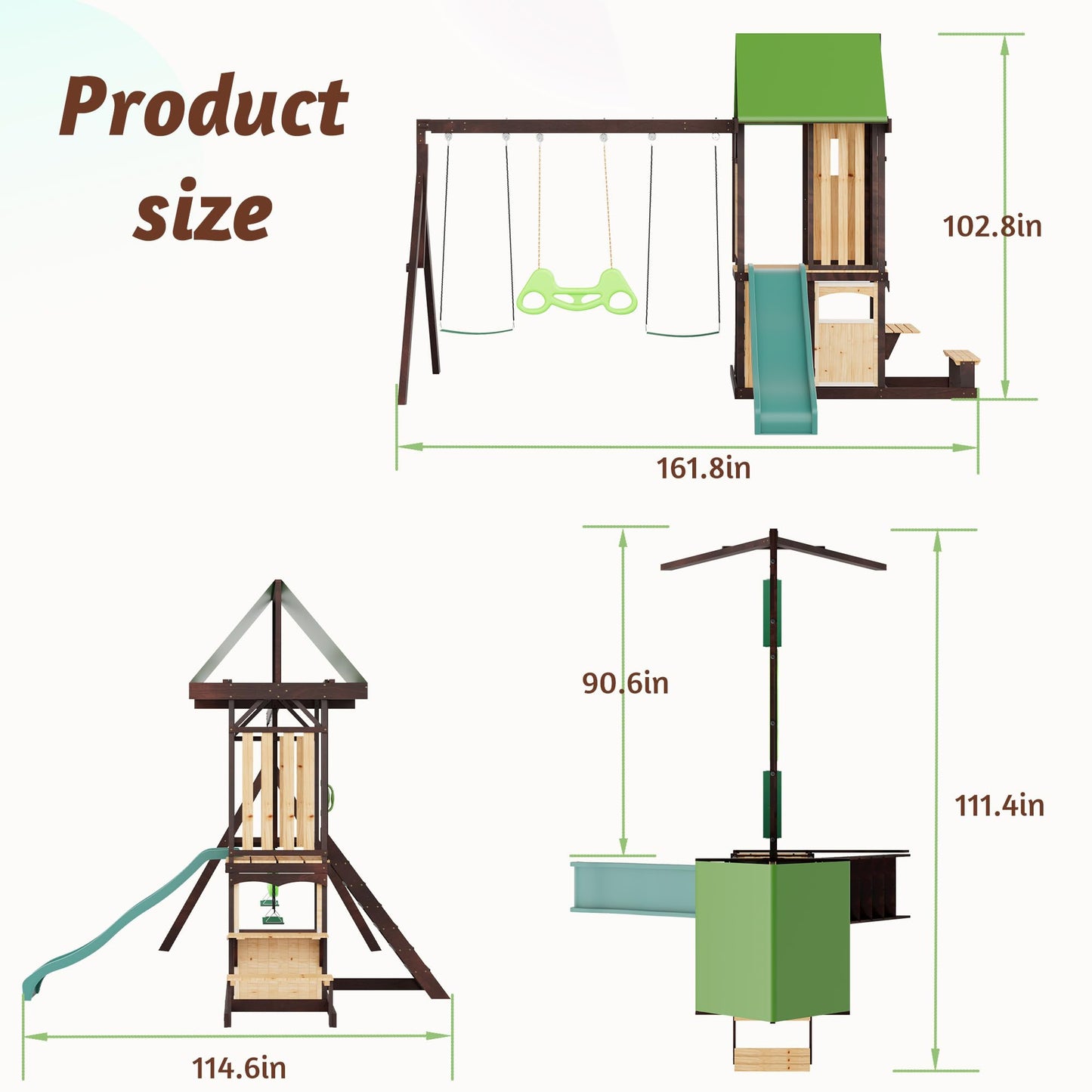 HOMMOW Wooden Swing Set with Wave Slide, Clubhouse, Playhouse, Snack Bar Window, Picnic Table and Chair, 2 Belt Swings, Trapeze, Full Front Door, Windows, Step Ladder, for Backyard