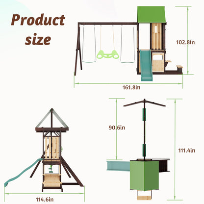 HOMMOW Wooden Swing Set with Wave Slide, Clubhouse, Playhouse, Snack Bar Window, Picnic Table and Chair, 2 Belt Swings, Trapeze, Full Front Door, Windows, Step Ladder, for Backyard