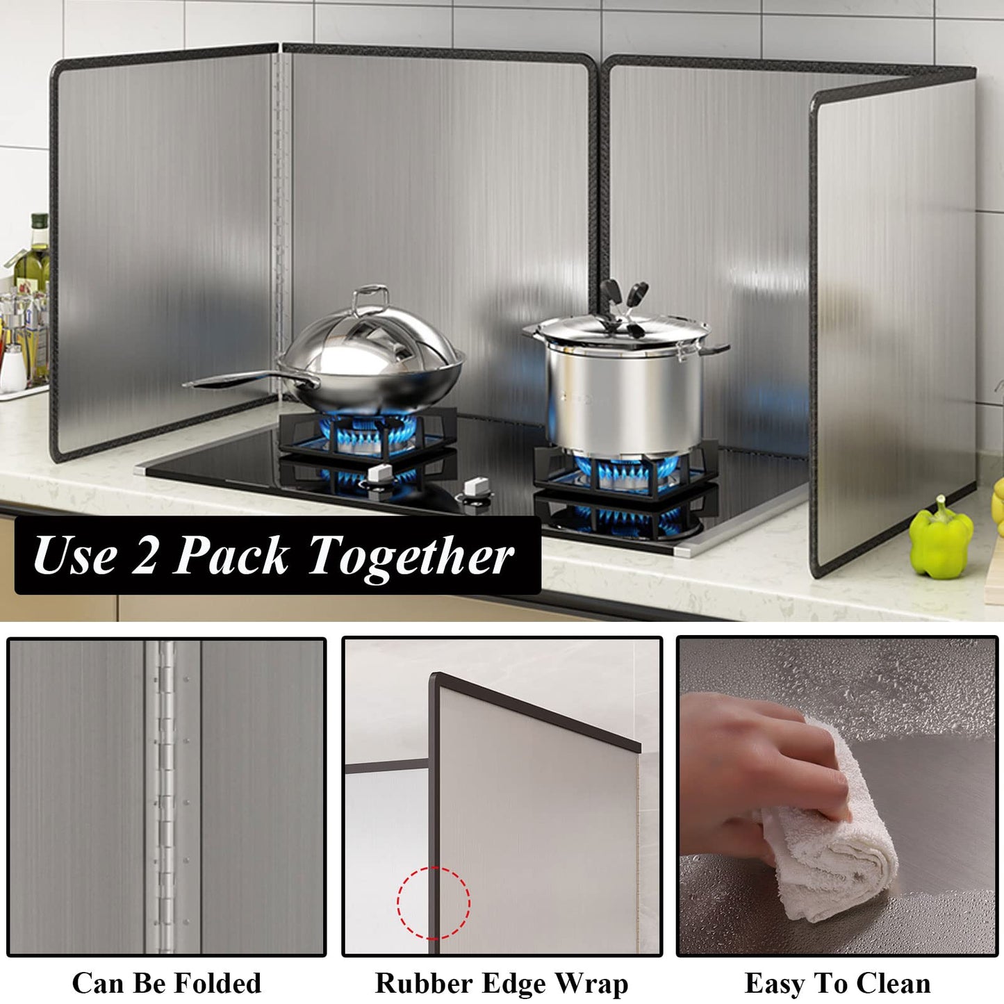 Splatter Guard for Stove 2 Pack 2-Sided Foldable Stainless Steel Oil Splash Board Anti Grease Nonstick Splatter Guard for Frying Stove Heat Insulation Board for Cooking（11.8 x 15.7 in）