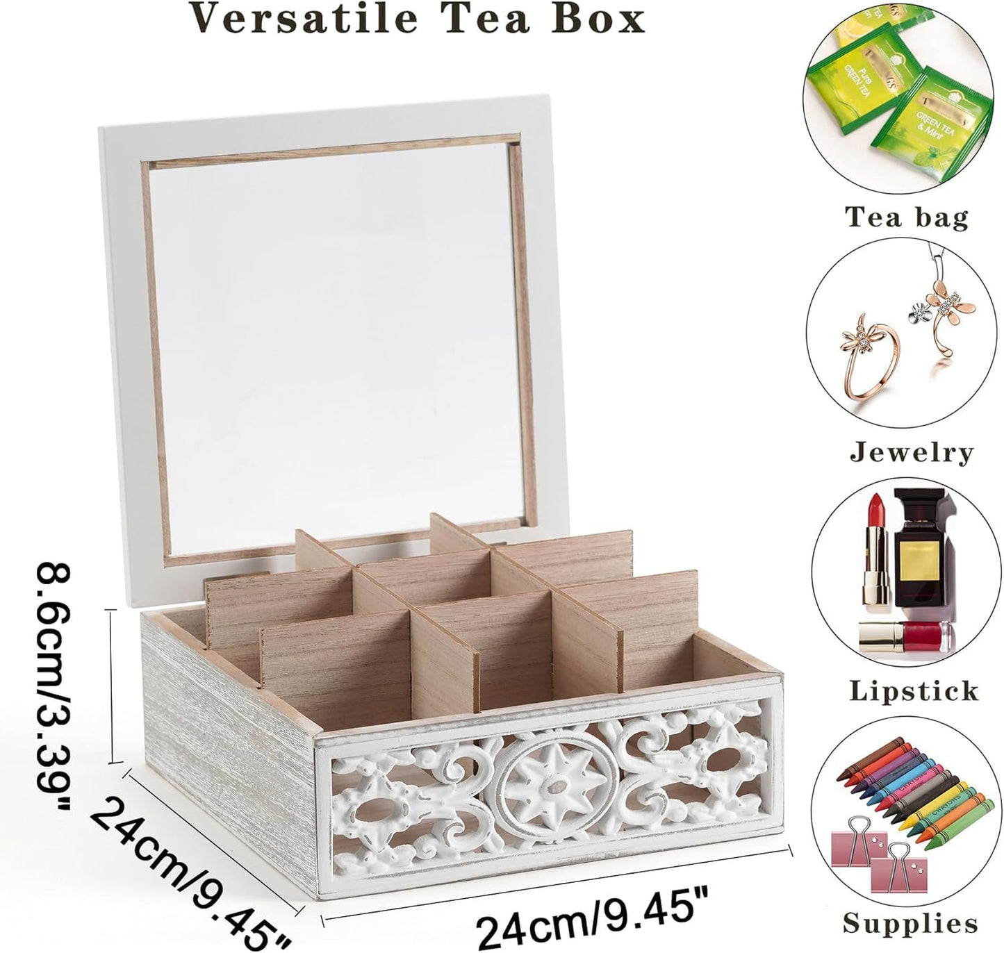 AHUONEL Tea Bag Organizer Wooden Tea Box for Tea Bags, Tea Organizer 9 Compartments Tea Chest Storage Box with Clear Lid, Tea Bag Holder Tea Caddy for Tea Coffee Sugar, Home Kitchen Office, White