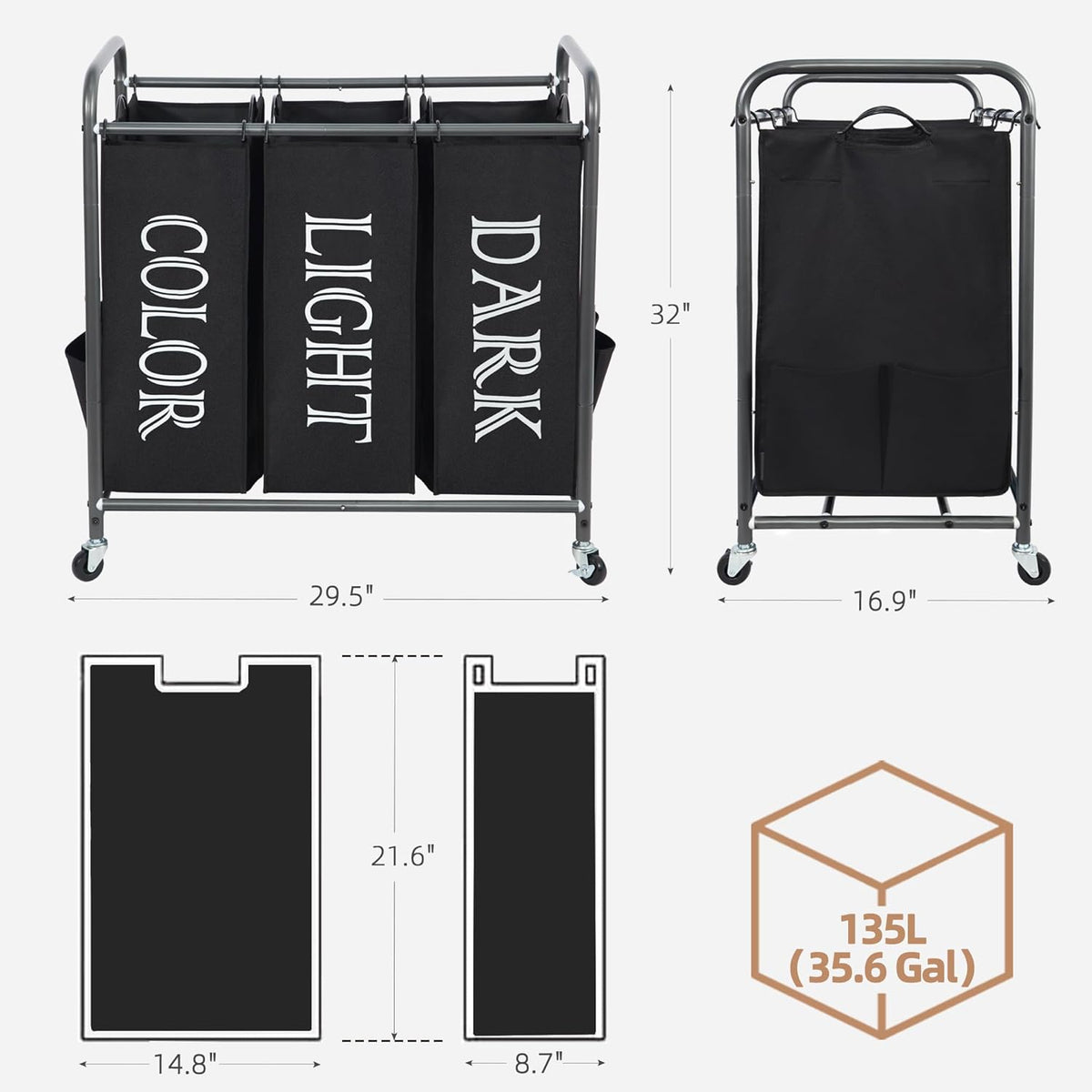 Storage Maniac Laundry Sorter - 3 Section Hamper Cart with Lockable Wheels & Removable Bag | 35.9 Gal Black