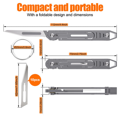 Folding Scalpel Knife-Small Keychain Knife Compact EDC Tool with 11 Replaceable Scalpel Blades-Stainless Steel Pocket Cutter for Packages,Boxes,Ropes&Crafts