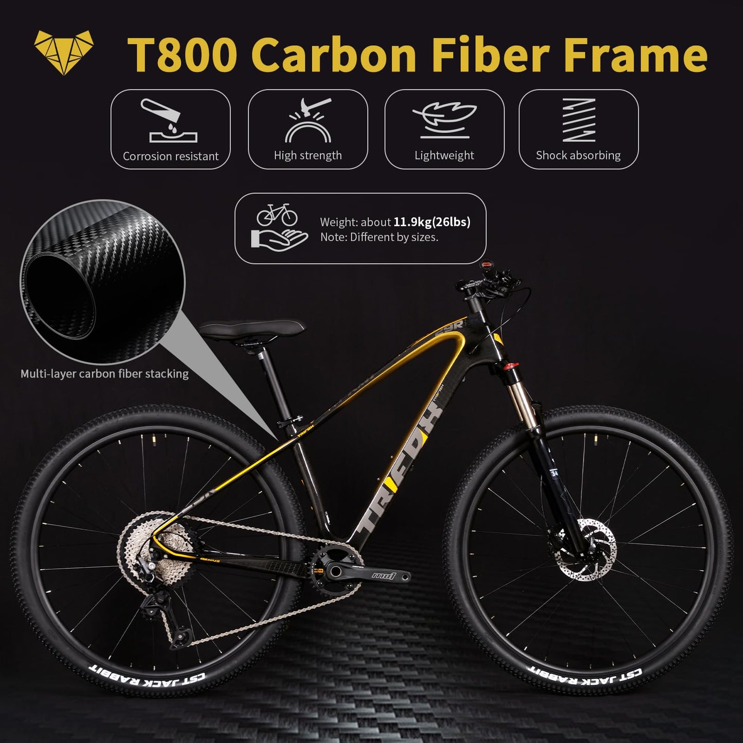 TRIFOX Carbon Fiber Mountain Bike with Shimano M6100 Deore Groupset 12-Speed,Carbon Fiber Frame,Hydraulic Fork 130mm Travel,29er Mountain Bike for Adult 17/19 inch (Obsidian Gold, 29er * 17 inch)