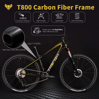 TRIFOX Carbon Fiber Mountain Bike with Shimano M6100 Deore Groupset 12-Speed,Carbon Fiber Frame,Hydraulic Fork 130mm Travel,29er Mountain Bike for Adult 17/19 inch (Obsidian Gold, 29er * 17 inch)