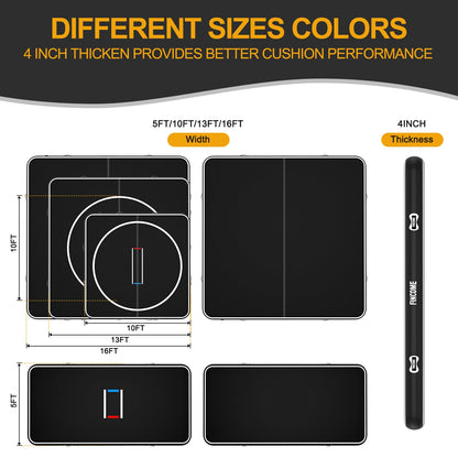 FINCOME Inflatable Wrestling Mat 16ft/13ft/10ft, 4" Thick Foldable Jiu Jitsu Mats Wrestling Mats for Home Outdoor Indoor, Waterproof PVC Mat for Gymnastics, BJJ, MMA, Grappling, Judo, Boxing, 10ft*10ft*4inch