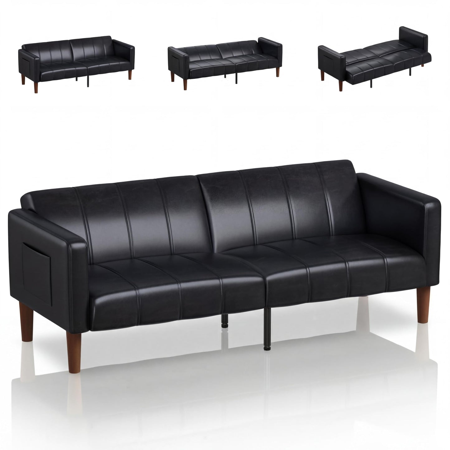 75 in Futon Sofa Bed, Faux Leather Convertible Couch with Adjustable Backrest, Side Pocket, Mid Century Modern Loveseat Sleeper Sofa for Living Room, Bedroom, Apartment, Small Spaces, Black
