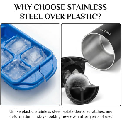 Clear Ice Cube Maker, 2.5" Stainless Steel Ice Ball Maker Mold for Whiskey & Cocktails, Non-BPA Premium Silicone Ice Cube Molds, Easy-Release Sphere Ice Maker, Bourbon Gifts for Men (2 PACK)