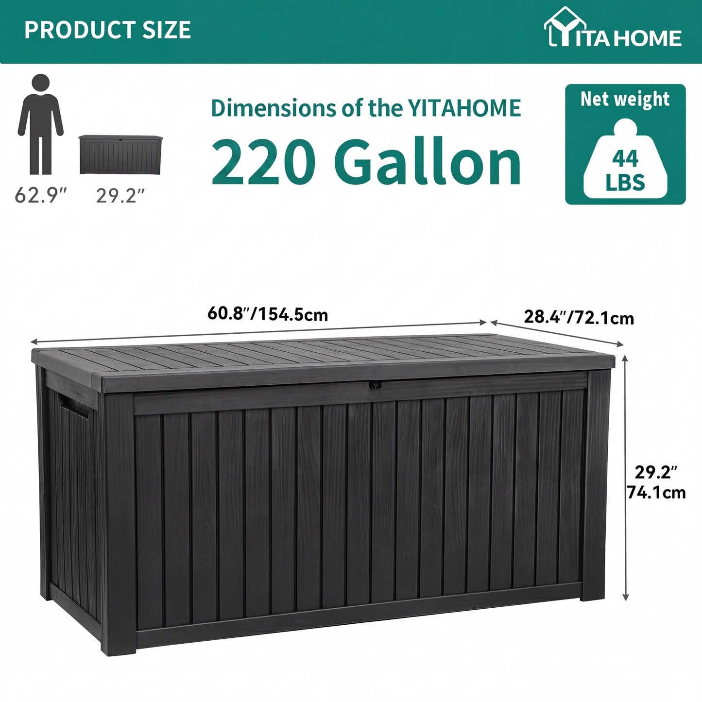 YITAHOME 220 Gallon XL Deck Box Large Outdoor Storage w/Divider for Patio Furniture,Outdoor Cushions, Garden Tools, Sports Equipment and Pool Supplies, Waterproof, Resin, Lockable, Black
