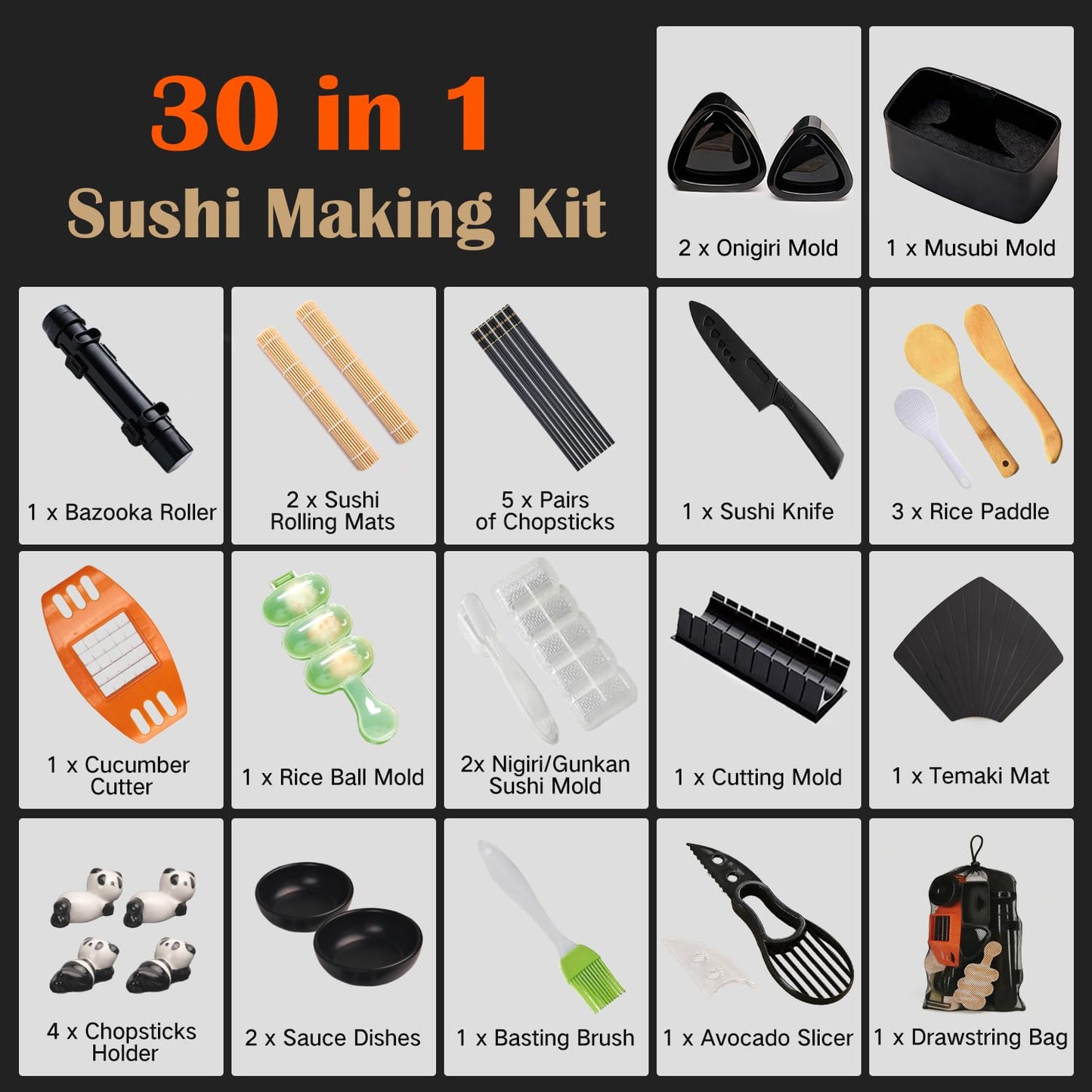 SmileTools Sushi Making Kit, 30 in 1 Sushi Kit with Sushi Roller, Sushi Maker Bazooka, Triangle Onigiri Mold, Musubi Press Mold, Rice Ball Mold & More