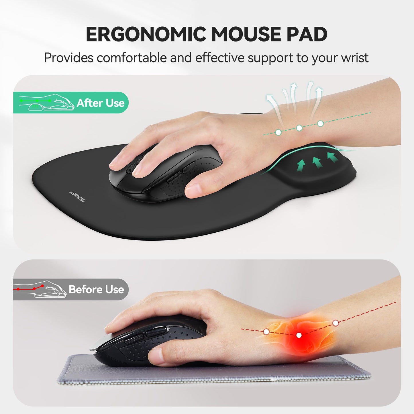 TECKNET Gel Mouse Pad with Wrist Rest, Ergonomic Office Mousepad with Wrist Support - Non-Slip & Smooth Surface Comfortable Desk Accessories Mat for Office, Gaming and Study - Charcoal Black