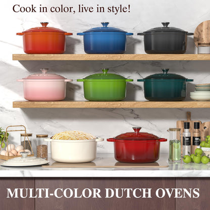 Enameled Cast Iron Dutch Oven - Umite Chef 5QT Pot with Lid & Cotton Potholders - Heavy-Duty Cookware for Bread Baking, Braising, Stews, Roasting(Red)