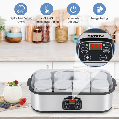 Yogurt Maker Automatic Digital Yoghurt Maker Machine with 8 Glass Jars 48 Ozs (6Oz Each Jar) LCD Display with Constant Temperature Control Stainless Steel Design for Home Use