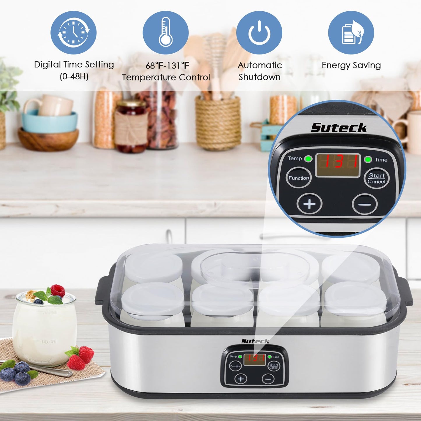 Suteck Yogurt Maker with 8 Glass Jars, Time & Temp Adjustable Control Yogurt Machine, Homemade Greek & Probiotic Yogurt, Automatic Shut-Off, BPA-Free, 48 oz Total, Black