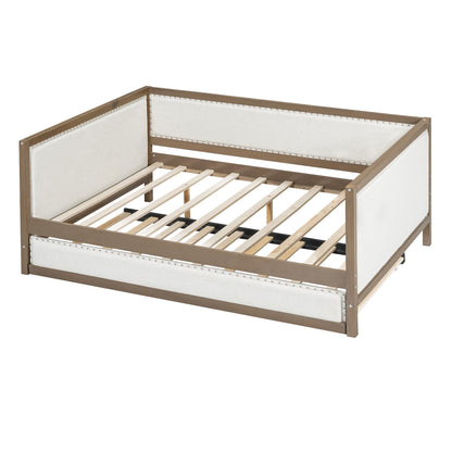GDFStudio Full Size Upholstered Daybed with Trundle, Linen Sofa Bed with Nailhead Trim, Wood Frame Slat Support, No Box Spring Needed, Space Saving Guest Bed for Bedroom Living Room