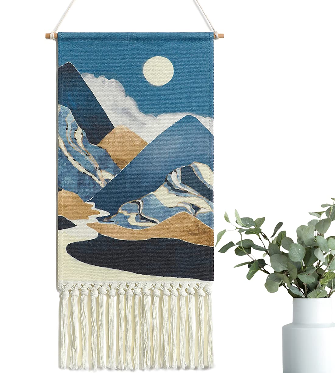 Alynsehom Macrame Woven Wall Hanging Tapestry Boho Wall Art Moon Mountain Chic Home Decor Bohemian Aztec Apartment Dorm Room Backdrop Decoration (Blue)