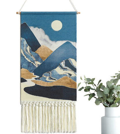 Alynsehom Macrame Woven Wall Hanging Tapestry Boho Wall Art Moon Mountain Chic Home Decor Bohemian Aztec Apartment Dorm Room Backdrop Decoration (Blue)