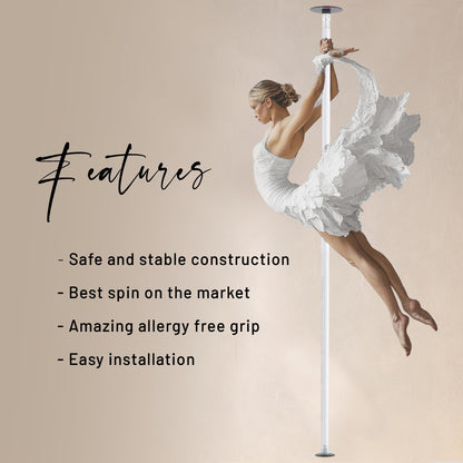 LUPIT POLE Classic G2 Standard Lock - Portable Dance Pole for Home - Spinning & Static Mode - Professional Dancing Pole for Apartment, Club & More - Easy Installation - No Drilling (White, 45 mm)