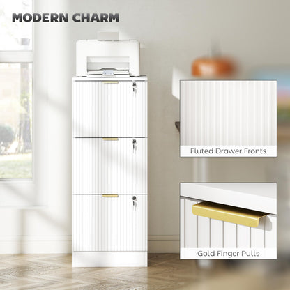 HOMCOM 3 Drawer File Cabinet, Fluted Vertical Filing Cabinet with Lock and Adjustable Hanging Rails for A4 Letter Size Files, Printer Stand with Storage, White