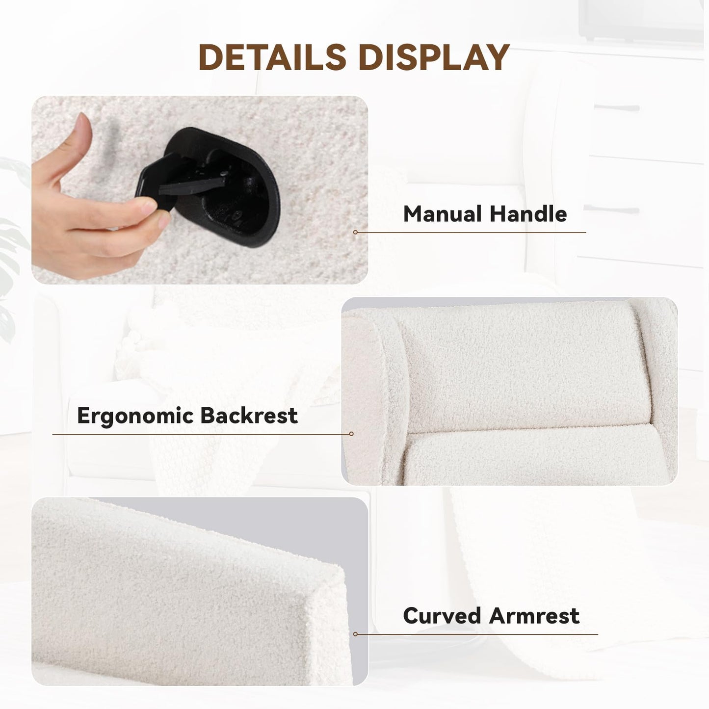 COMHOMA Nursery Rocking Chair Teddy Upholstered Swivel Rocker Recliner Manual Glider Reclining Chair for Living Room Bedroom Offices (Beige,1 PCS)