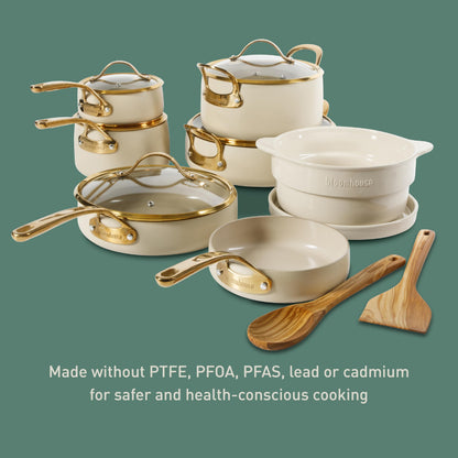 Bloomhouse - Two Time Oprah's Favorite Things Winner - 15 Piece Pots and Pans Heavy Duty Aluminum Premium PFA Free Ceramic Nonstick Cookware Set - Almond Cream w/Gold Handle