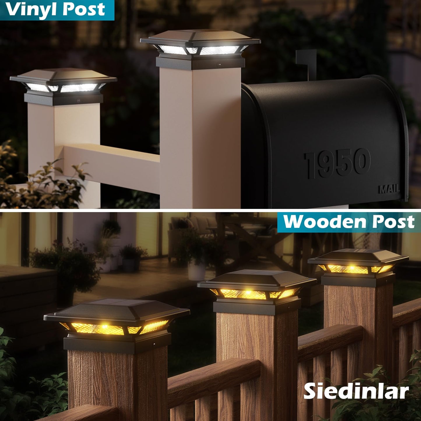 SIEDiNLAR 4x4 Solar Post Cap Lights 16 LEDs 2 Modes 3.5x3.5 4x4 Wooden Vinyl Post Light Waterproof Outdoor for Deck Fence Garden Patio Decor, Warm/Cool White (12 Pack, Black)