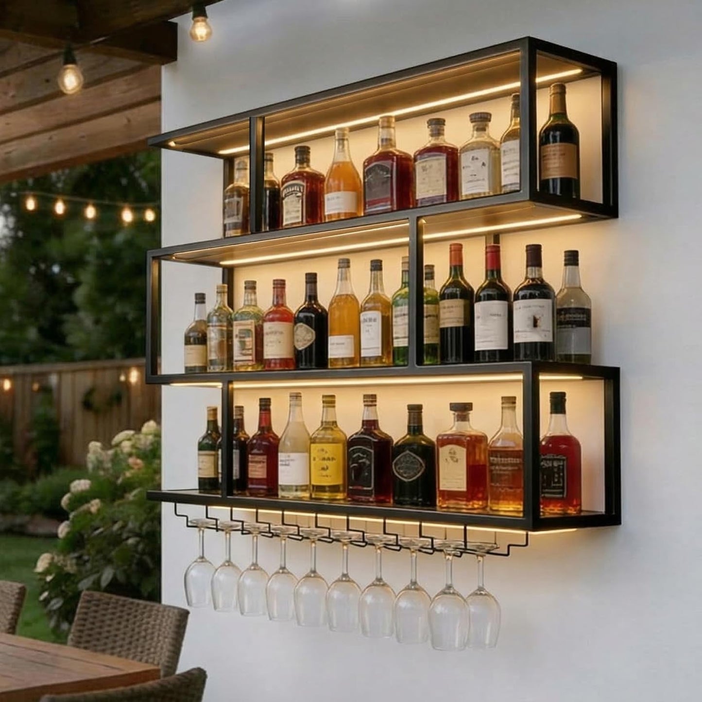70.8IN Large Wall Mounted Wine Rack with LED Light,Metal 4 Tier Floating Wine Shelf with Glass Holder,Industrial Bar Shelf Wall Mounted Liquor Shelf Wall Mounted for Home Bar (Black 70.8in/180cm)
