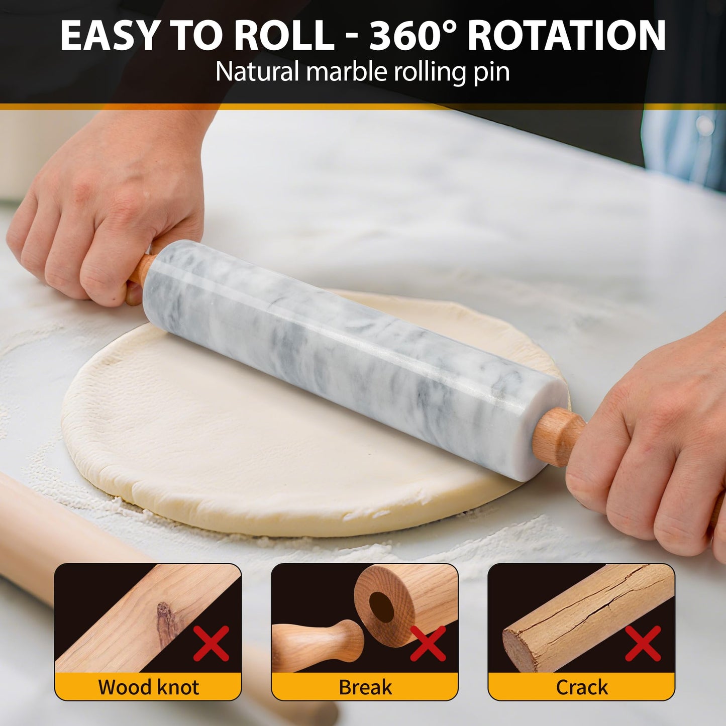 Kafoor 16.7 Inches Marble Rolling Pin for Baking with Wooden Handles & Wooden Cradle - Rolling Pin for making Pizza Dough & Tortillas, Dough Roller for Pasta, Cookie, Pie Crust and More!
