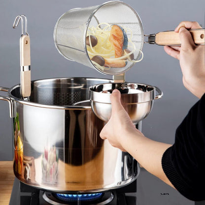 Tenta Kitchen Miracle Noodle Angel Hair Pasta Noodle Blanching Basket, Barilla Thin Spaghetti Pasta Deep Strainer Skimmer with Wooden Handle (5.51Inch/14cm)