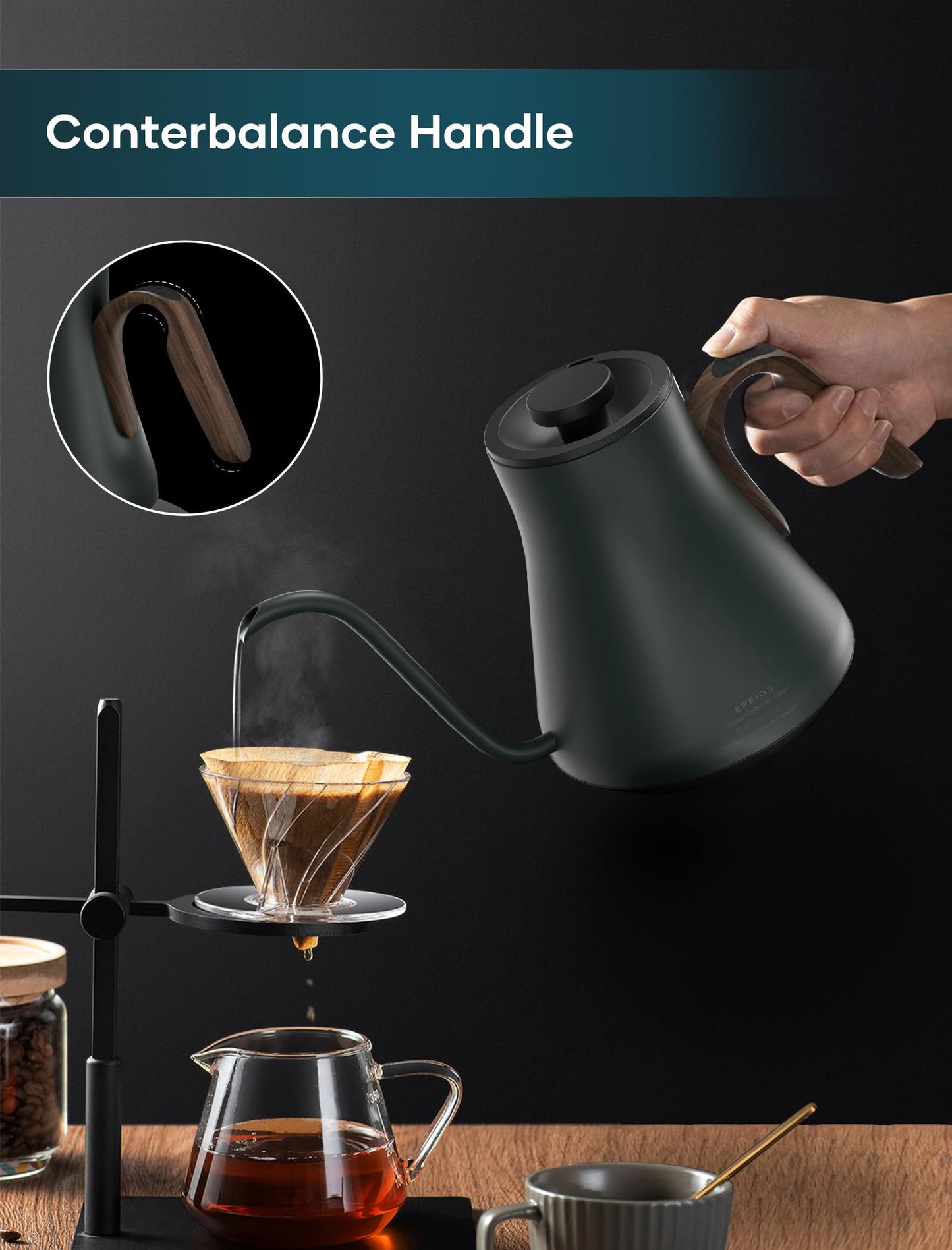 INTASTING Gooseneck Electric Kettle with ±1℉ Temperature Control for Pour Over Coffee & Tea, Quick Heating, BPA-Free Stainless Steel, Built-in Brew Timer, 1500W/0.9L (Forest Green)