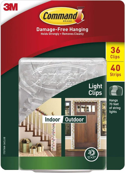 Command Clear Plastic Light Clips - 36 Indoor/Outdoor Clips with 40 Strips for Easy Installation