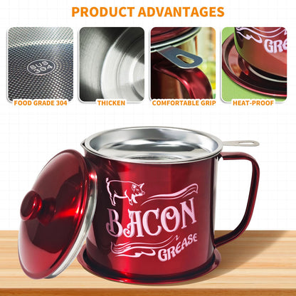 QMET 1.3L Bacon Grease Saver Container with Fine Mesh Strainer,Stainless Steel Oil Keeper Can for Bacon,46oz Large Rustic Farmhouse Fat Container, Keeper, Recipes, Dishwasher Safe (Red)