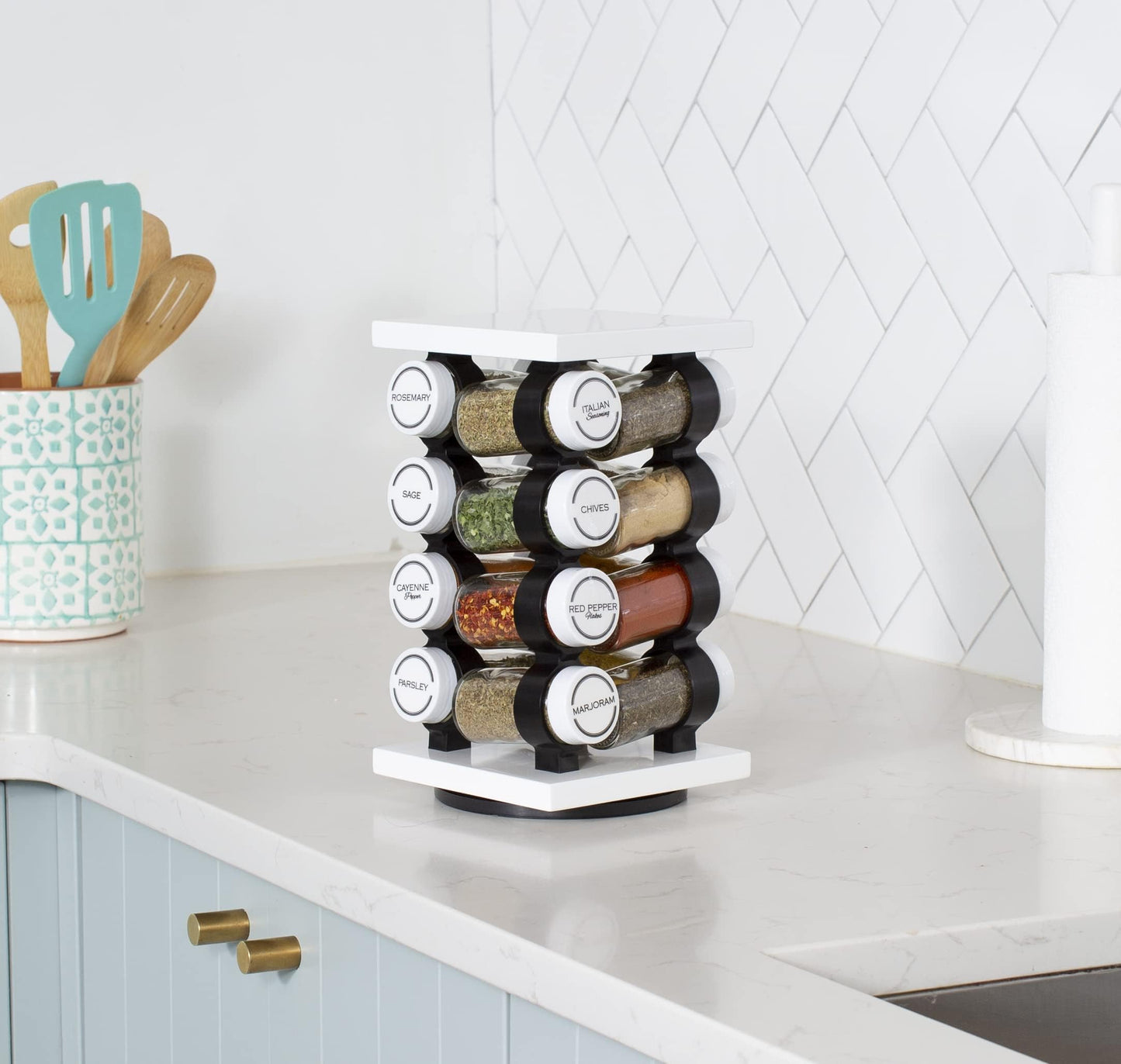 Orii 16 Jar Rotating White Spice Rack with Spices Included & 5-Year Spice Refill Program – Compact Countertop Spice Rack with Glass Jars