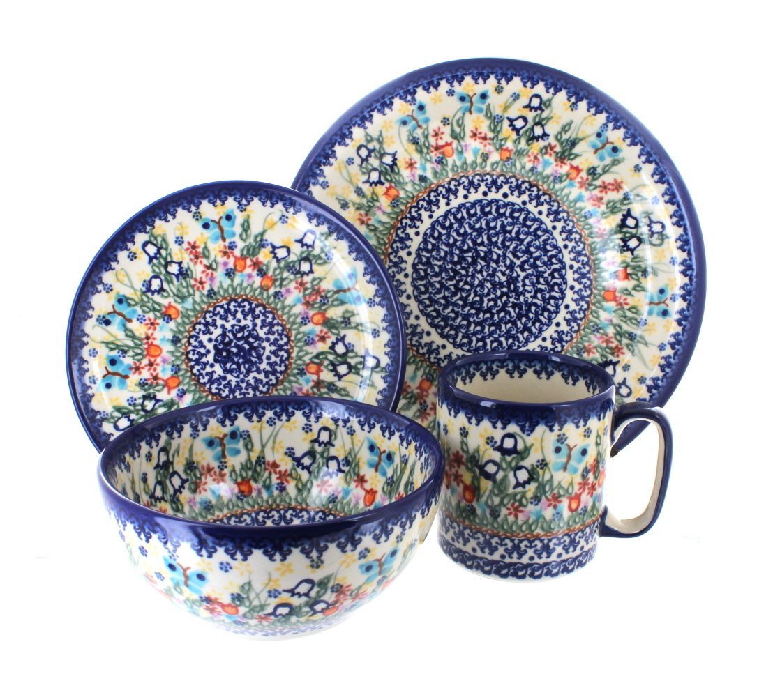 Blue Rose Polish Pottery - Blue Garden of Eden 4 PC Place Setting - Service for 1-1 Place Setting - Great for Everyday Dining, Casual Dining, or as Formal Dinnerware