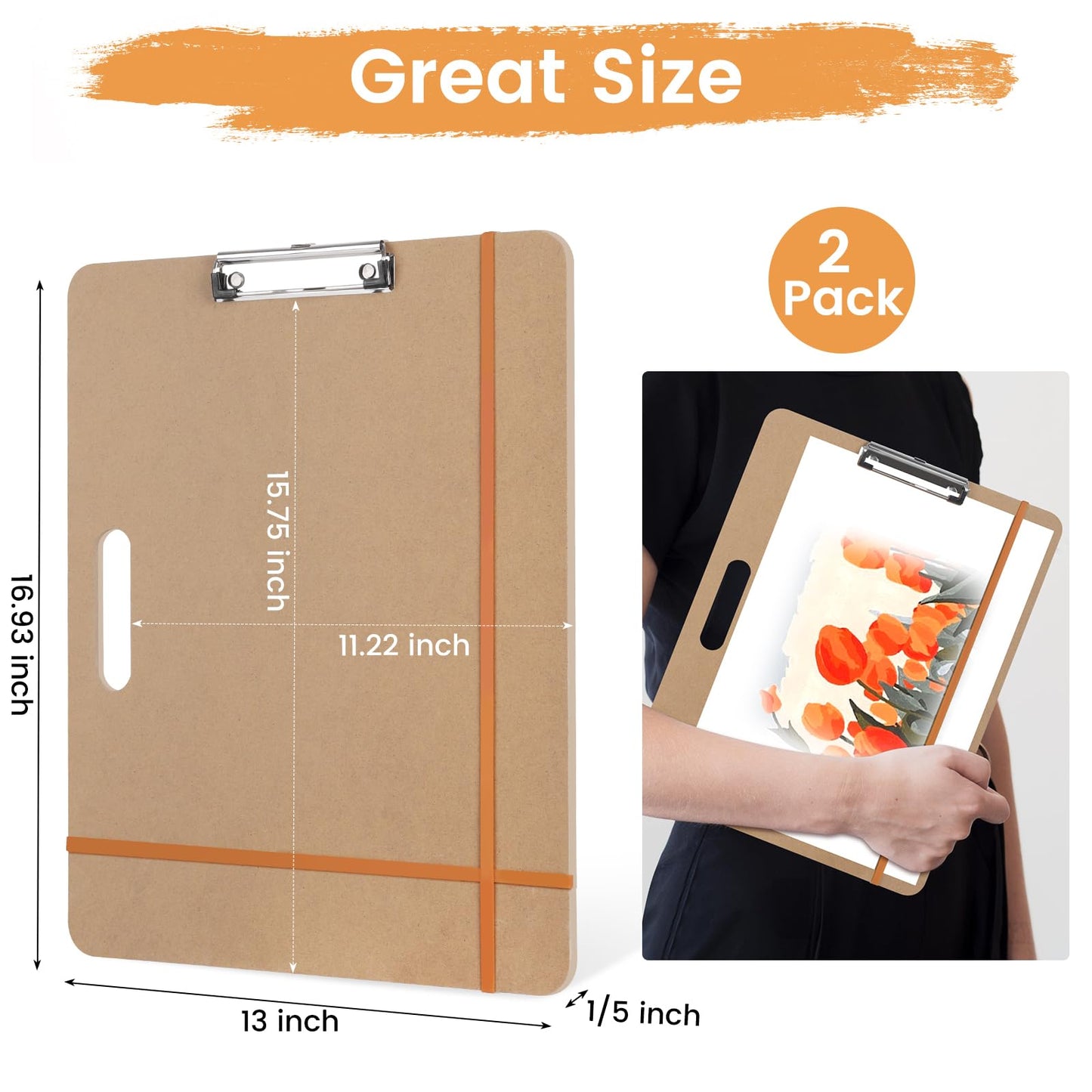 2 Pack Drawing Board, 17 x 13 Inch Portable Sketch Boards with 2 Rubber Bands, Easy to Use and Carry Art Clipboard for Painting in Class Studio Travel, Brown