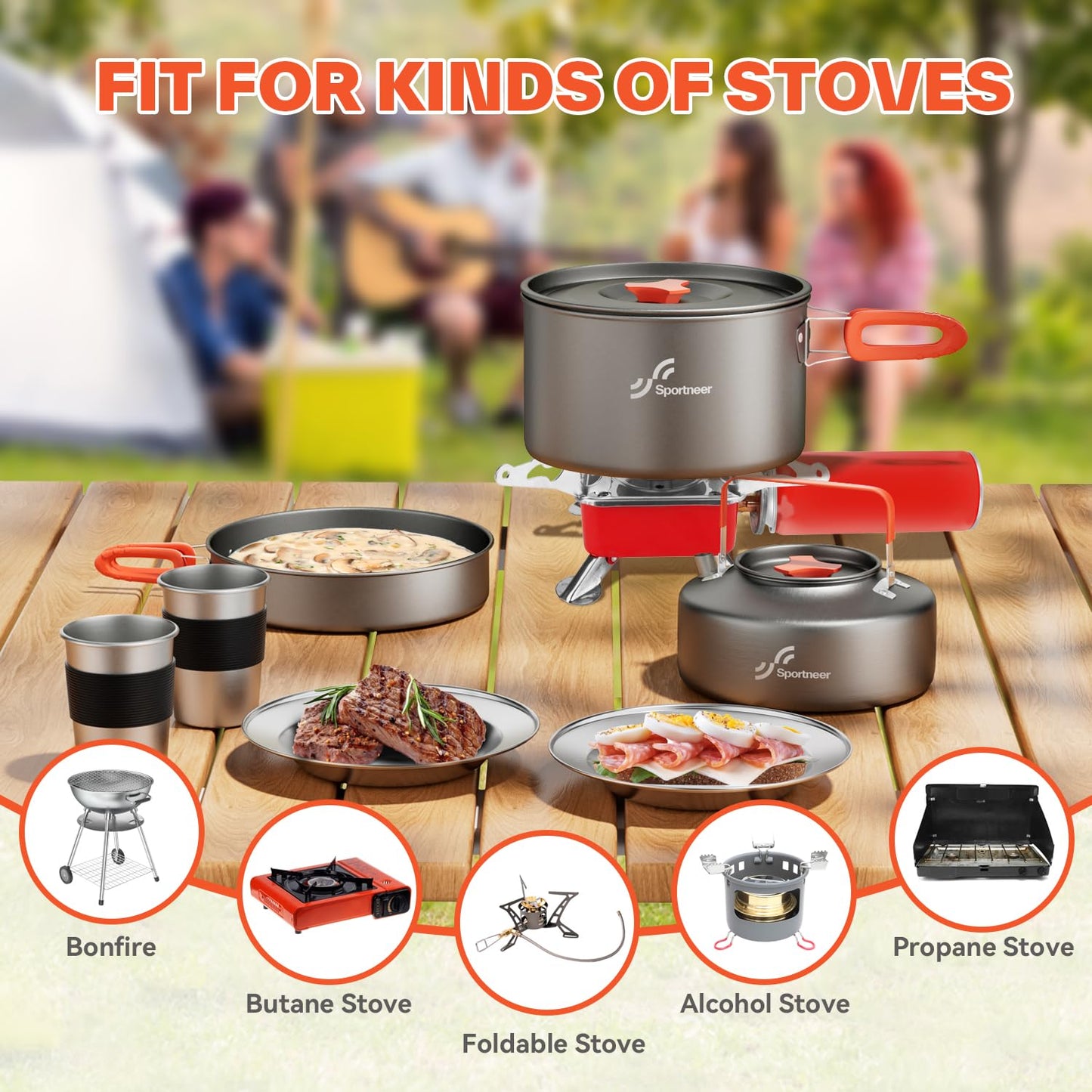 Sportneer Camping Cookware Set, 18Pcs Non-Stick Lightweight Pots, Pan, Kettle with Stainless Steel Cups, Plates, Forks, Knives & Spoons for Camping, Backpacking, Hiking, Outdoor Cooking & Picnic
