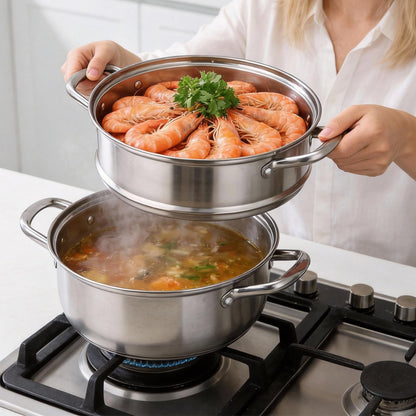 Chefbee Stainless Steel Steamer Pot - 3.2QT Steamer for Cooking with Food Basket, Steaming Cooking Pot Kitchen Cookware for Vegetable, Food, Dumplings, Soup