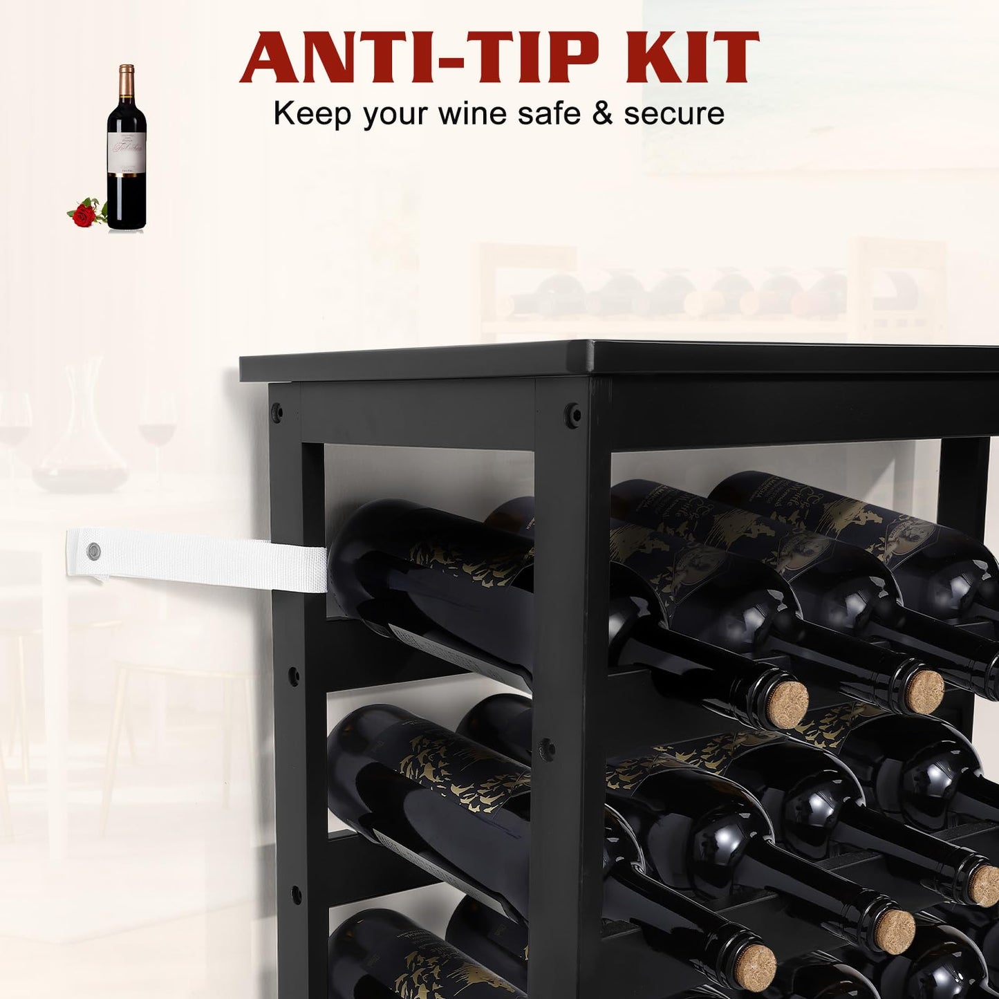 Bambition Bamboo Wine Rack Freestanding Floor, 7-Tier 42-Bottle Wine Storage Shelf with Table Top - Black