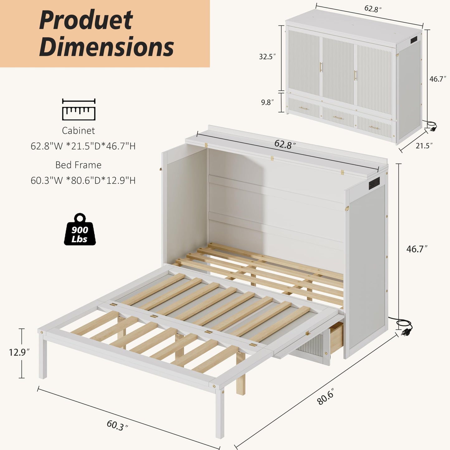 KEIKI Queen Murphy Bed Cabinet with Storage Drawers, Chest Cube Bed for Guest Room, Built-in Sockets & USB Ports, for Home Office or Small Bedroom, White