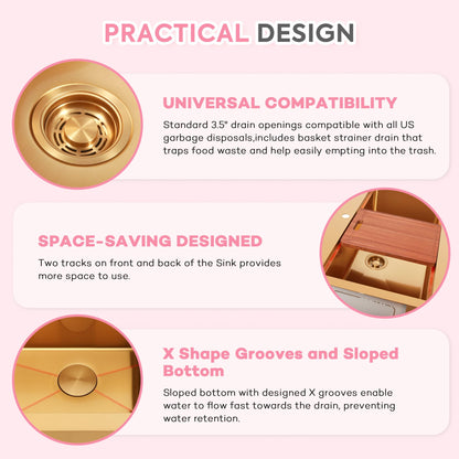 Rhbamoa 33 Inch Gold Farmhouse Sink,16 Gauge T304 Gold Single Bowl Apron Front Kitchen Farm Sink,10 Inch Depth Topmount Farmhouse Kitchen Sinks with All Golden Accessories