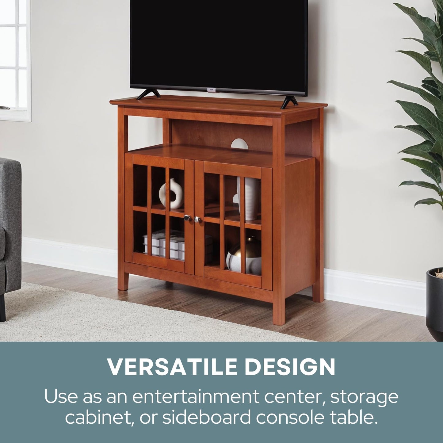 Convenience Concepts Big Sur Highboy TV Stand 36" - Modern Entertainment Center For TVs up to 40", Storage Cabinet for Dining, Living Room, & Entryway, Console Hall Table with Shelves, Cherry