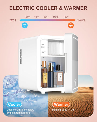Skincare Fridge With Dimmable LED Light Mirror, 4L Mini Fridge For Desktop, Travel or Cool & Heat, Makeup Fridge for Cosmetics, Skin Care and Food, Green